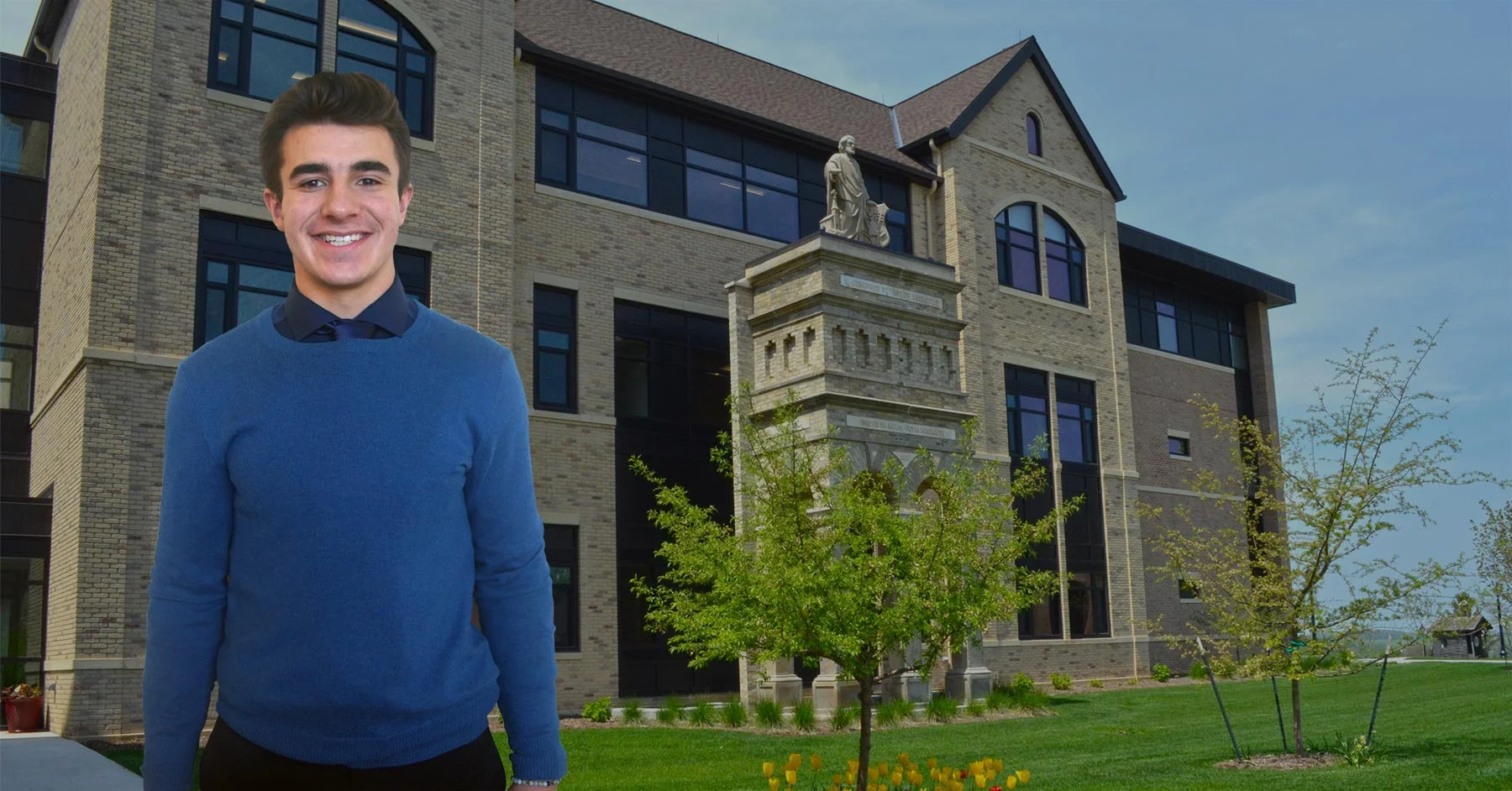 student and school building